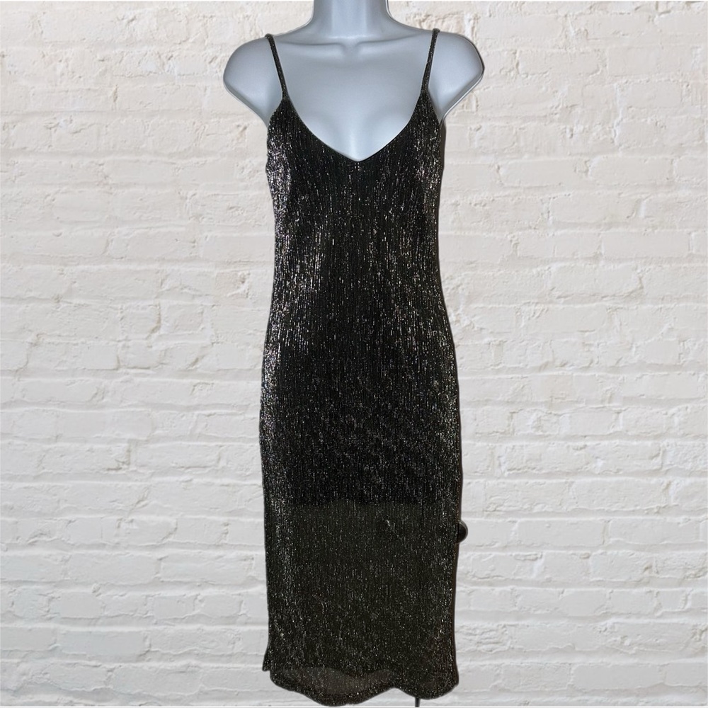 Jolie Vie Silver Glitter Sheer Slip Dress with Deep Side Slits Women’s X Small